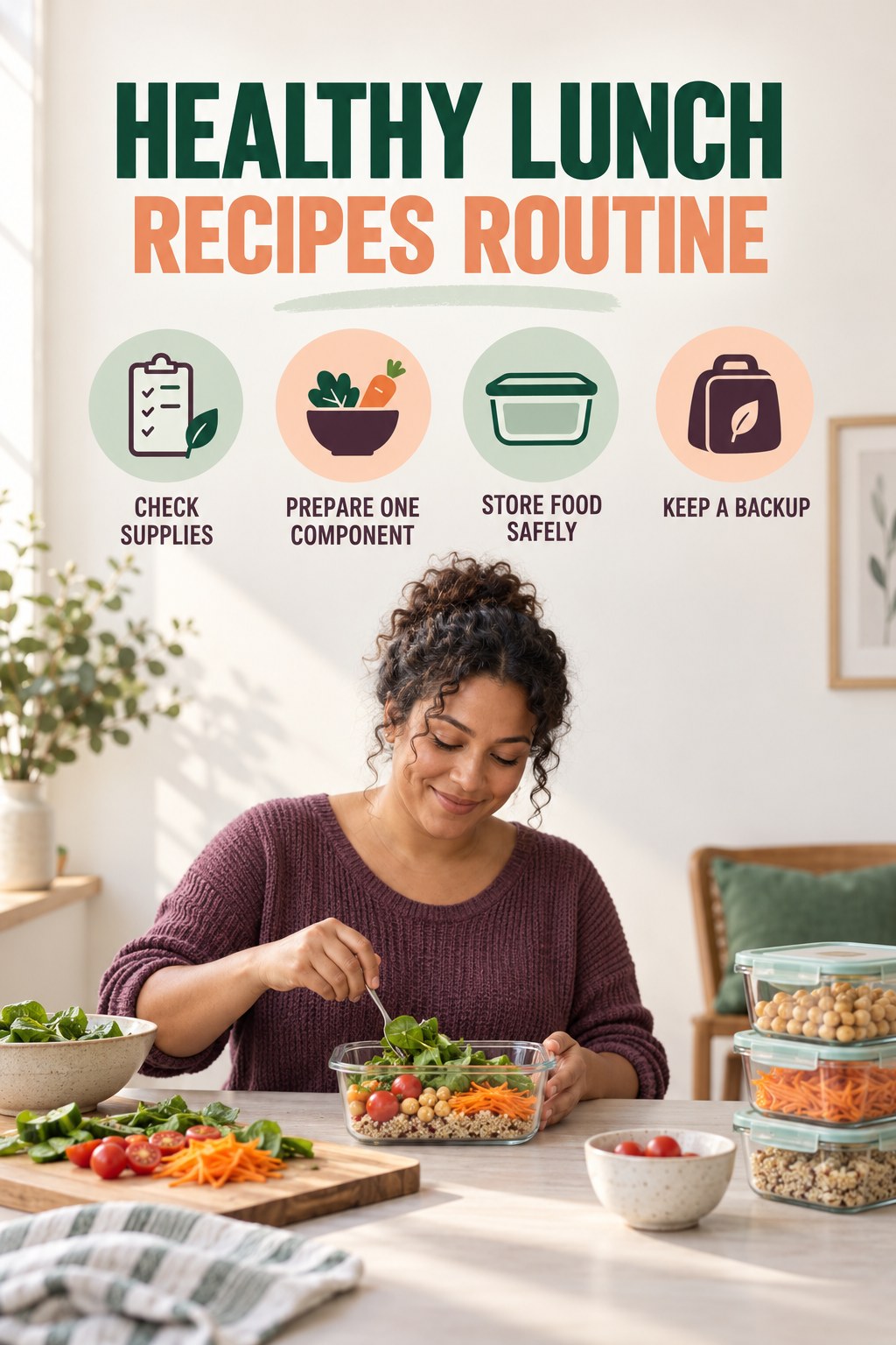 Simple Meal Preparation for Healthy Lunch Recipes with four concise practical actions in a clean minimal health design.