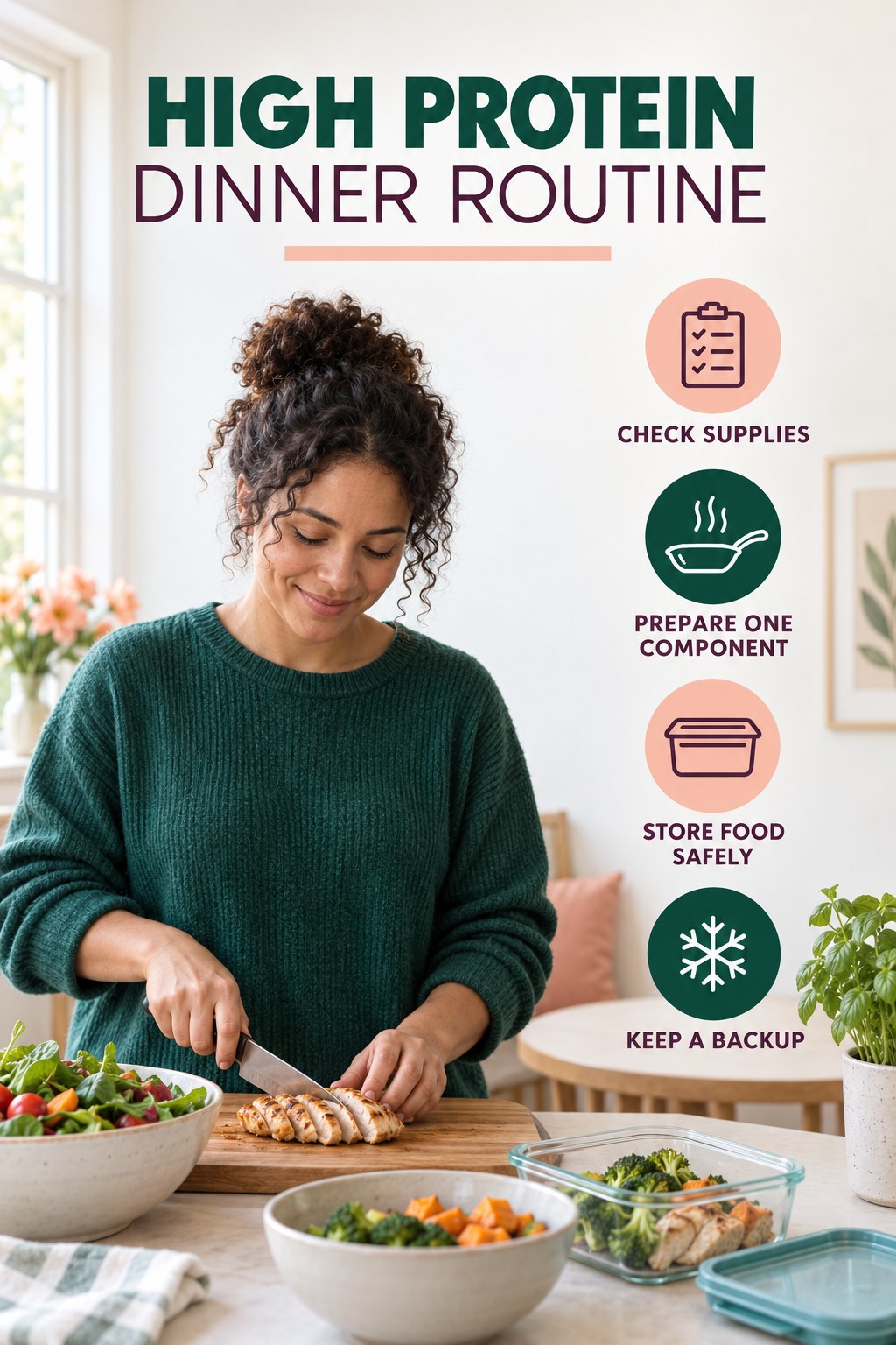 Simple Meal Preparation for High Protein Dinner with four concise practical actions in a clean minimal health design.