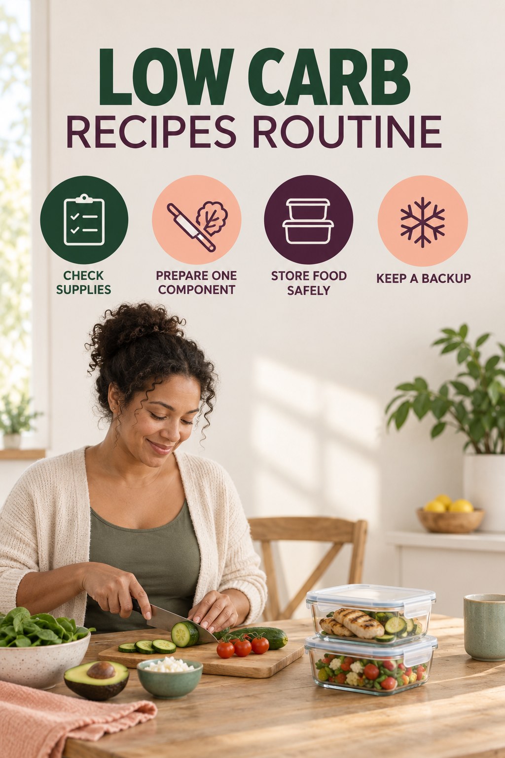 Simple Meal Preparation for Low Carb Recipes with four concise practical actions in a clean minimal health design.