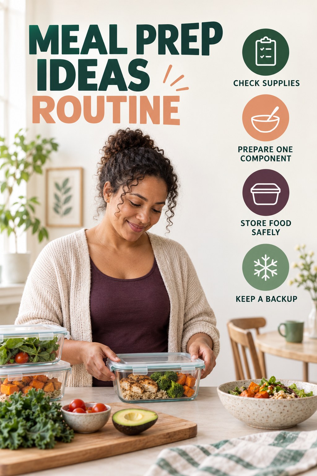 Simple Meal Preparation for Meal Prep Ideas with four concise practical actions in a clean minimal health design.