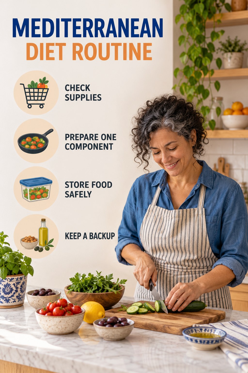 Simple Meal Preparation for Mediterranean Diet with four concise practical actions in a clean minimal health design.
