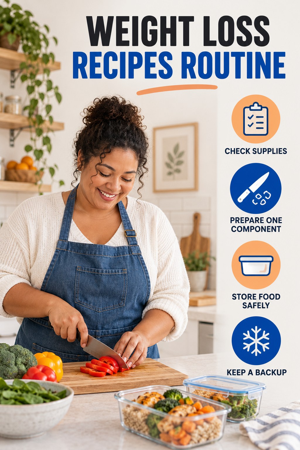 Simple Meal Preparation for Weight Loss Recipes with four concise practical actions in a clean minimal health design.