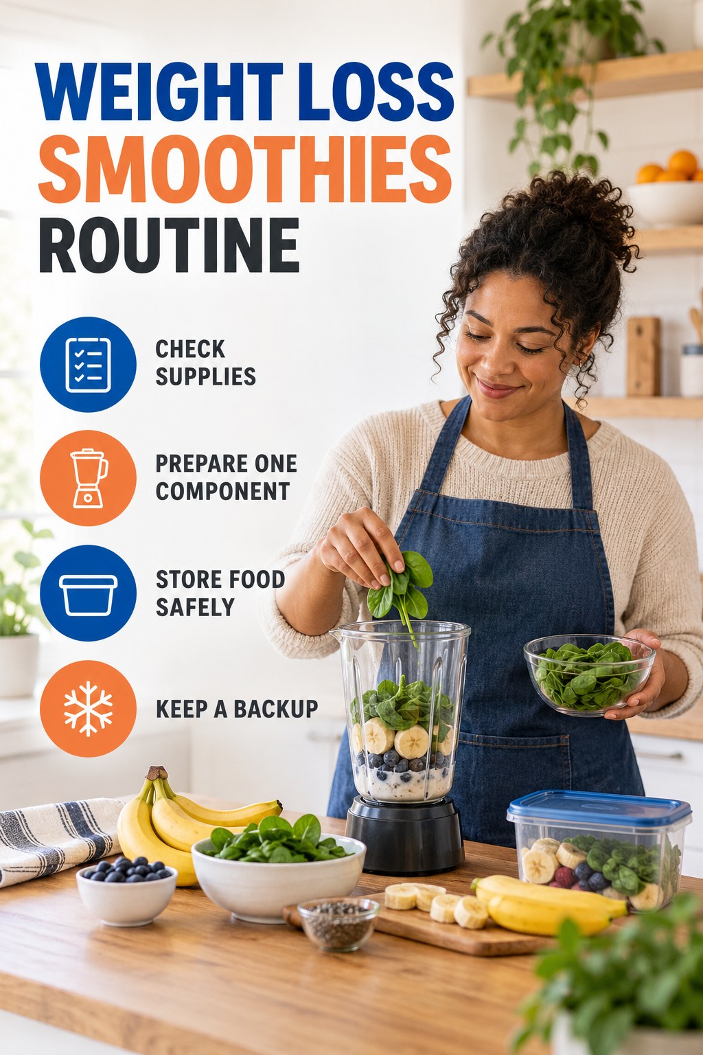 Simple Meal Preparation for Weight Loss Smoothies with four concise practical actions in a clean minimal health design.