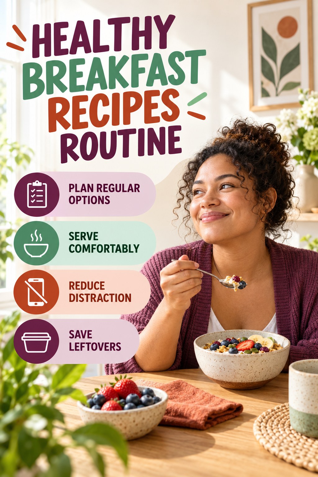 Simple Meal Rhythm for Healthy Breakfast Recipes with four concise practical actions in a clean minimal health design.