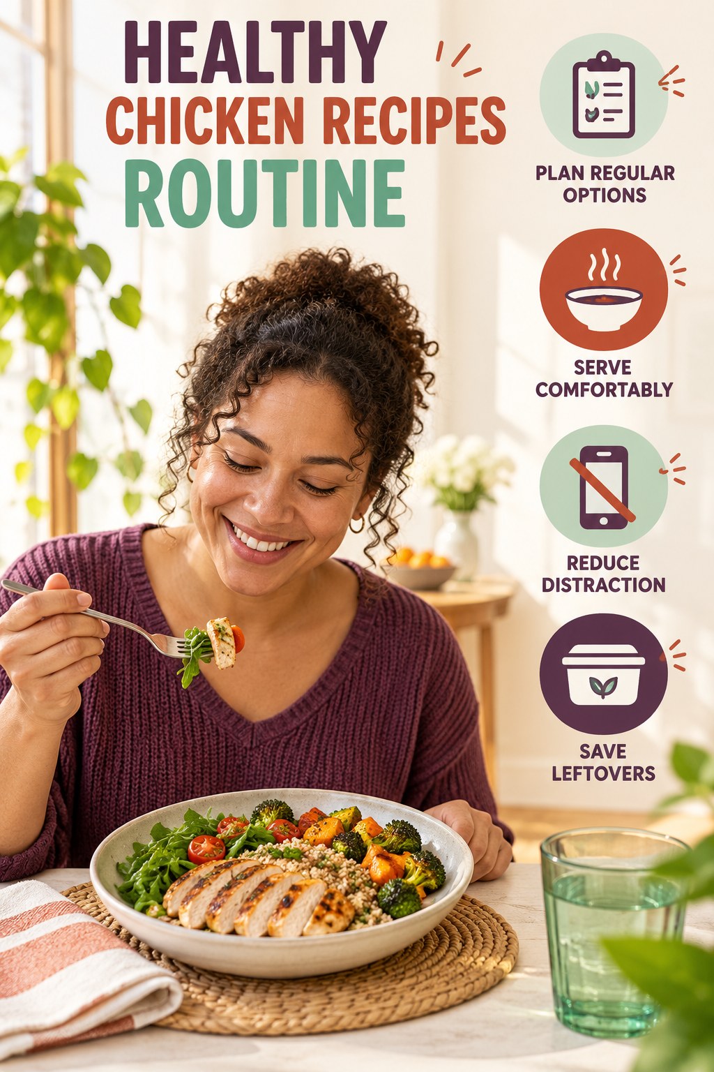 Simple Meal Rhythm for Healthy Chicken Recipes with four concise practical actions in a clean minimal health design.