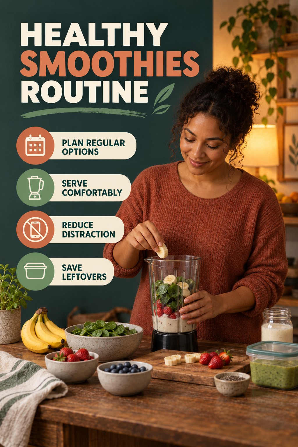 Simple Meal Rhythm for Healthy Smoothies with four concise practical actions in a clean minimal health design.