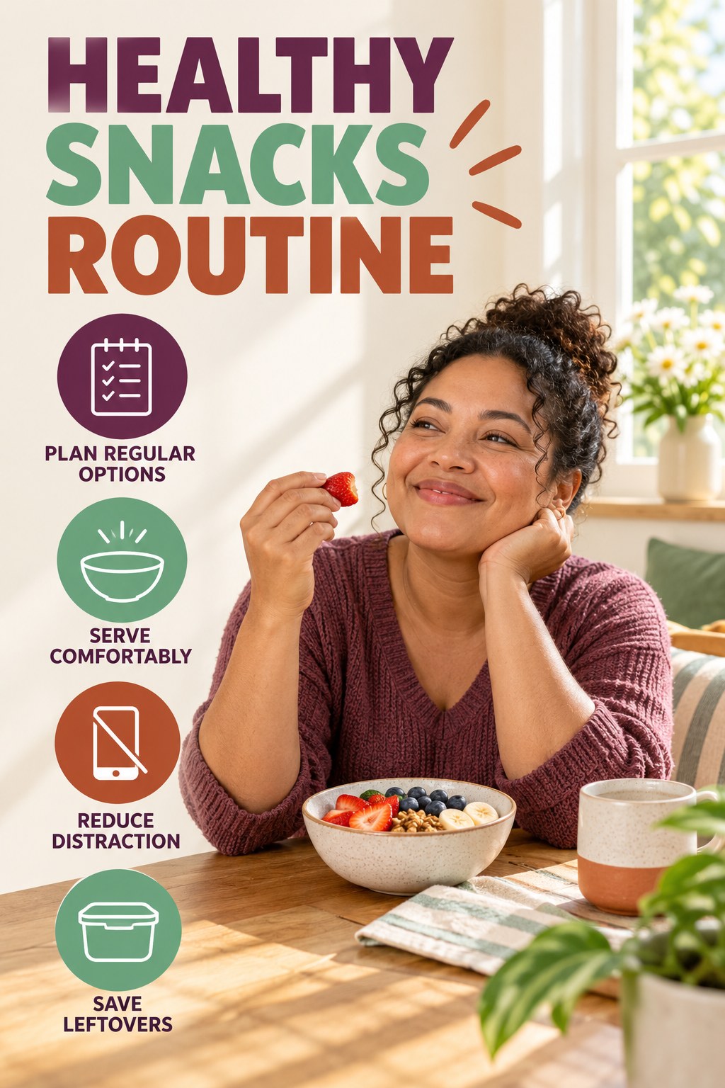 Simple Meal Rhythm for Healthy Snacks with four concise practical actions in a clean minimal health design.