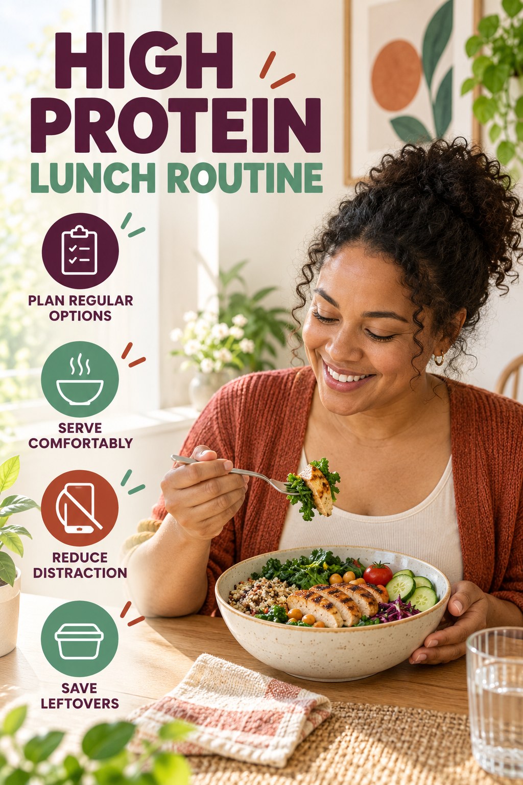 Simple Meal Rhythm for High Protein Lunch with four concise practical actions in a clean minimal health design.