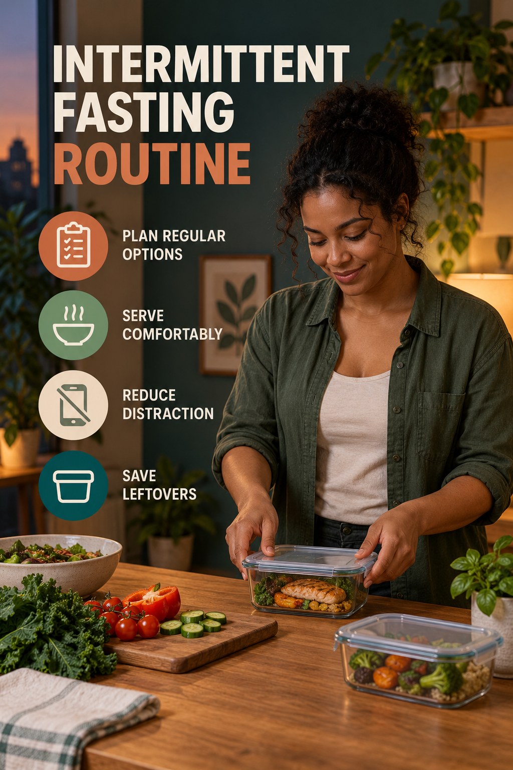 Simple Meal Rhythm for Intermittent Fasting with four concise practical actions in a clean minimal health design.