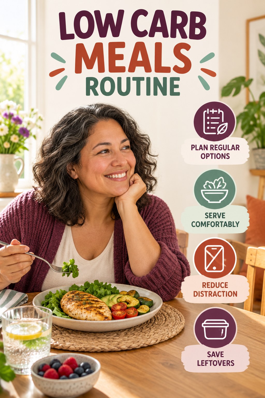 Simple Meal Rhythm for Low Carb Meals with four concise practical actions in a clean minimal health design.
