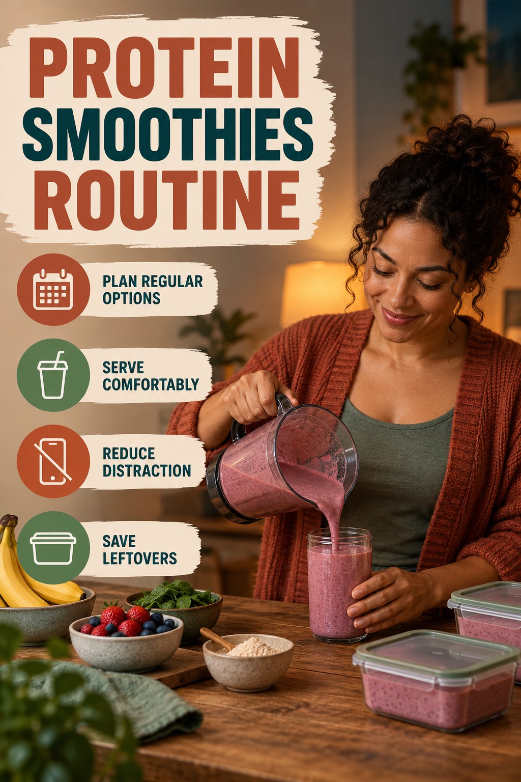 Simple Meal Rhythm for Protein Smoothies with four concise practical actions in a clean minimal health design.