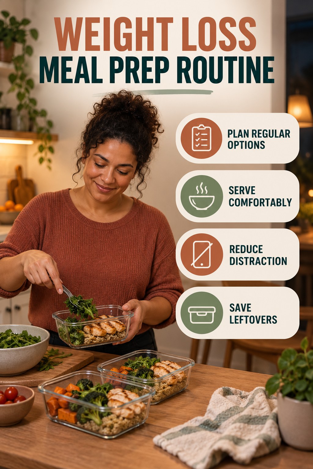 Simple Meal Rhythm for Weight Loss Meal Prep with four concise practical actions in a clean minimal health design.