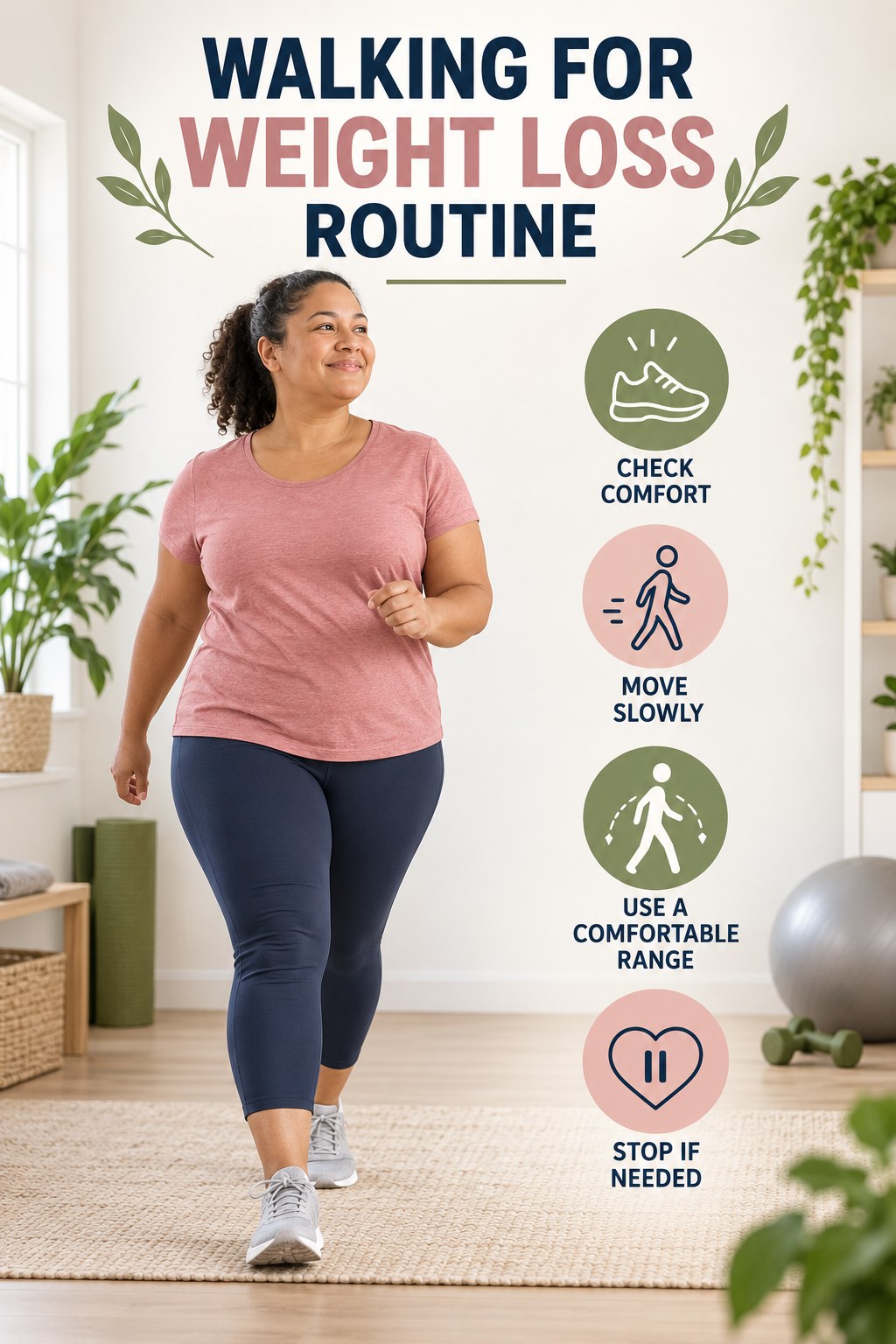 Simple Mobility Routine for Walking for Weight Loss with four concise practical actions in a clean minimal health design.