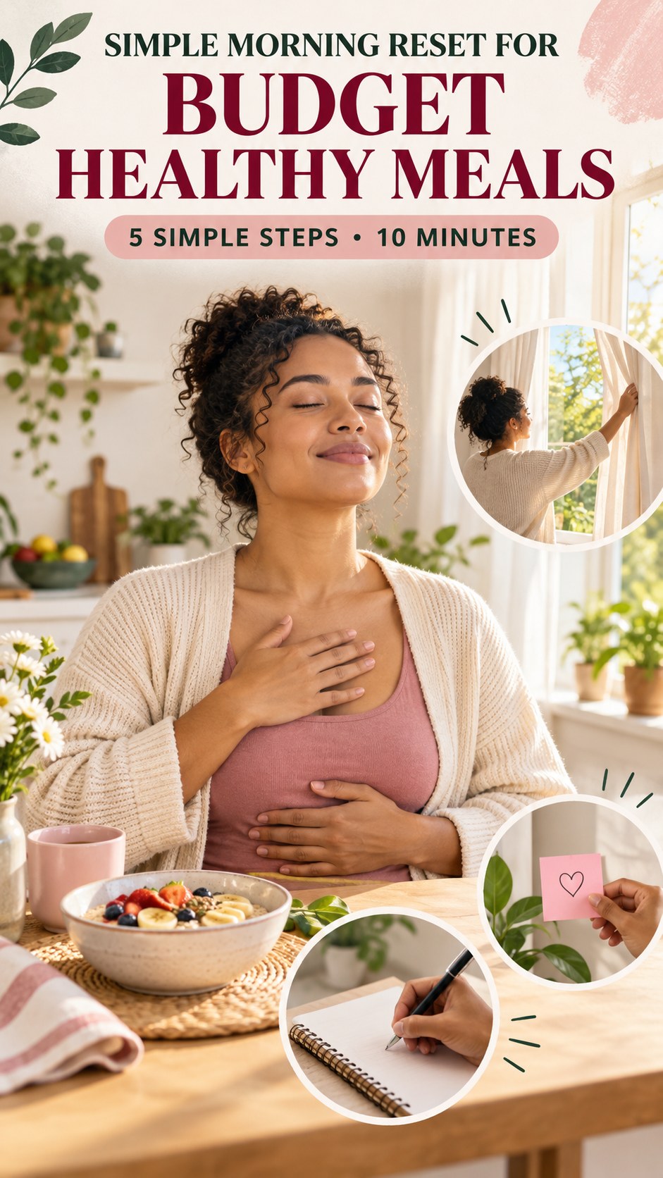 Morning routine infographic for Budget Healthy Meals showing take three slow breaths and five practical steps.