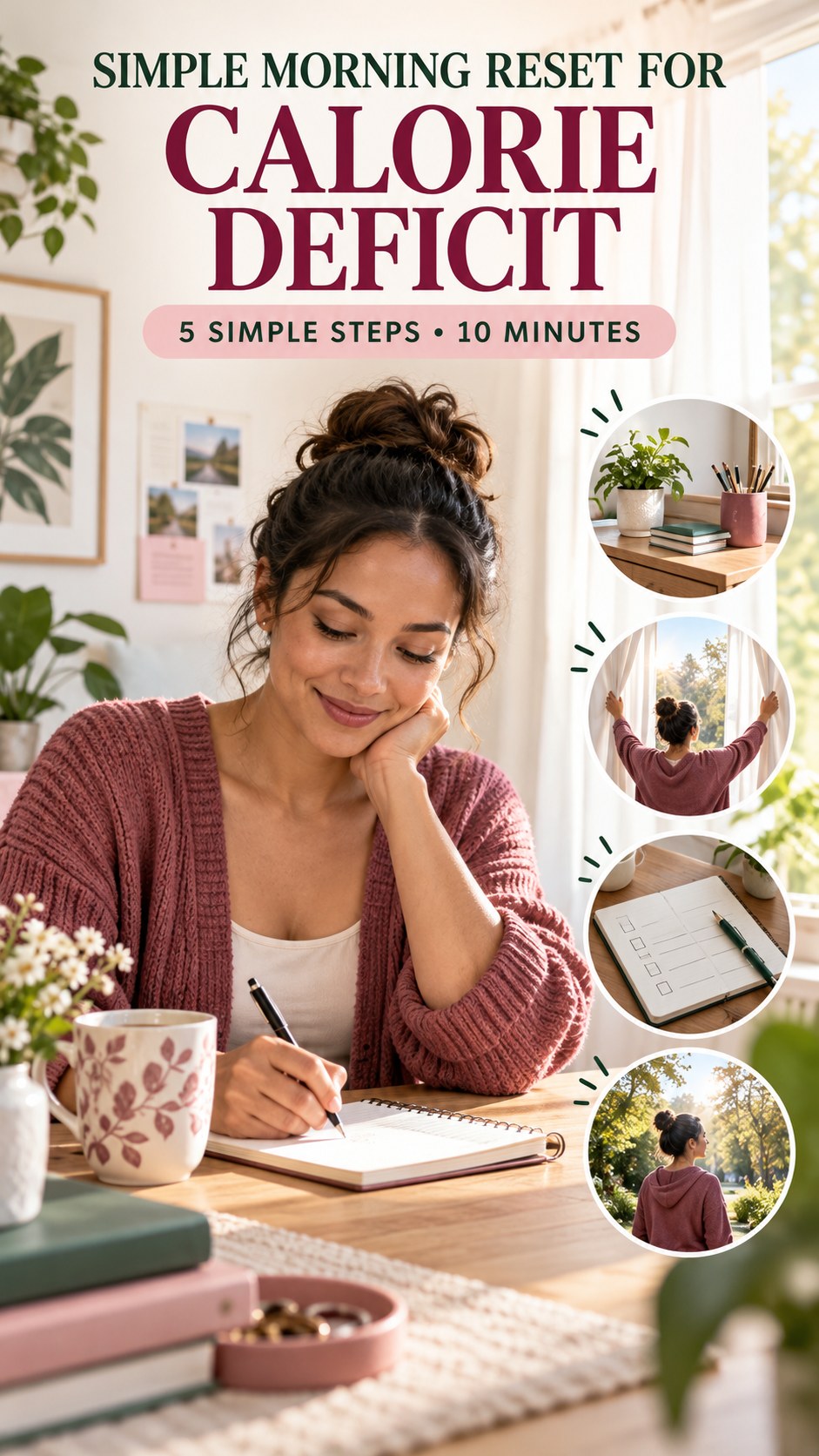 Morning routine infographic for Calorie Deficit showing write a simple check-in and five practical steps.