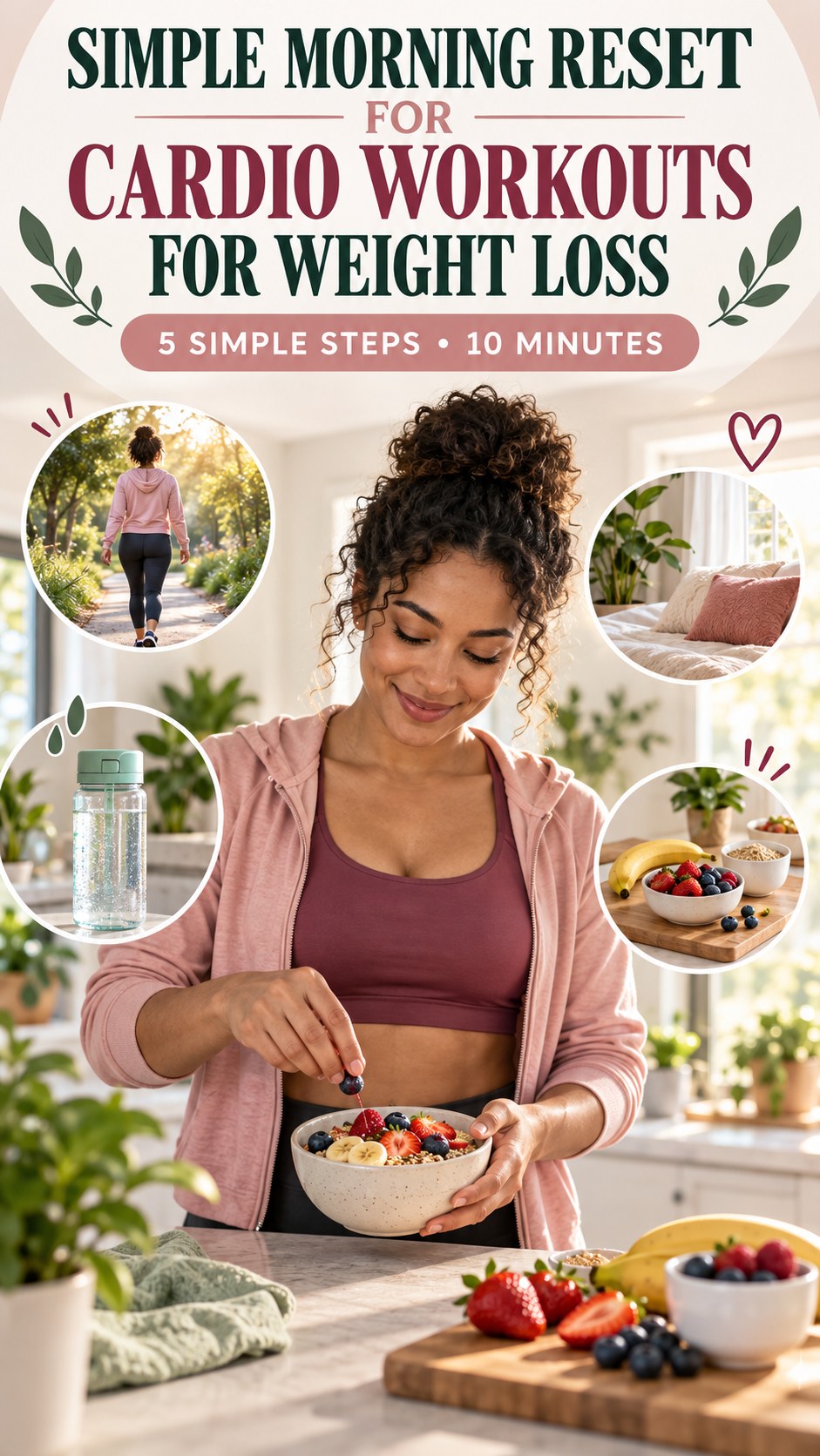Morning routine infographic for Cardio Workouts for Weight Loss showing create a meal cue and five practical steps.