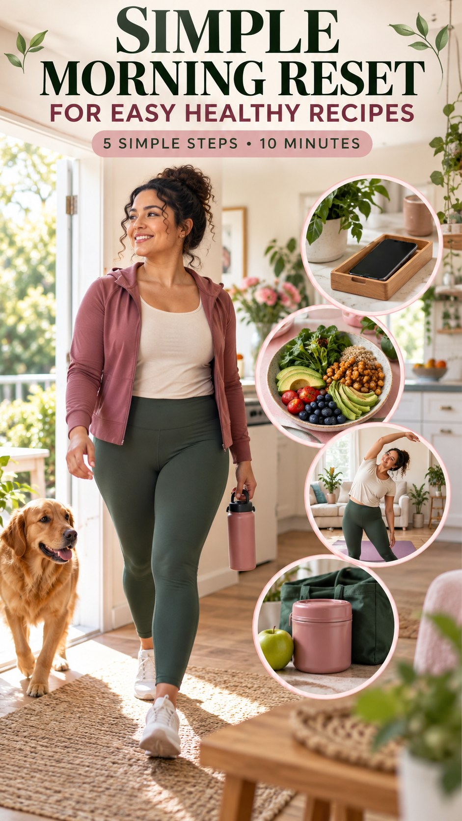 Morning routine infographic for Easy Healthy Recipes showing start with a short walk and five practical steps.