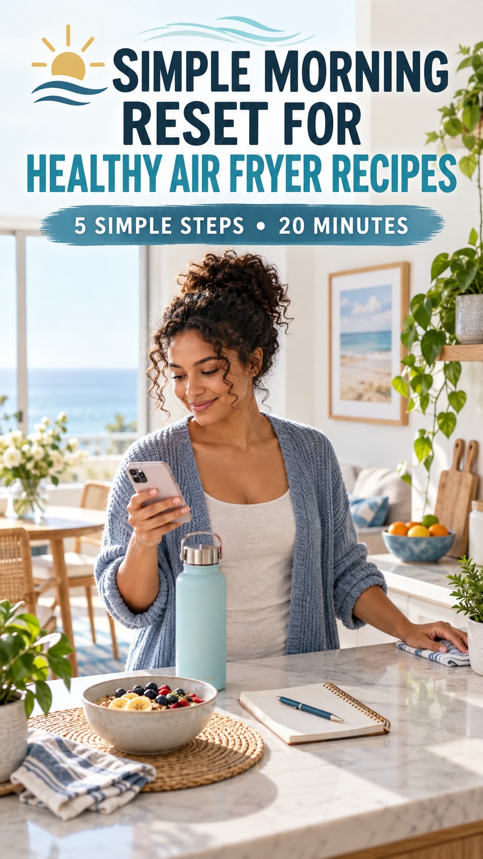 Morning routine infographic for Healthy Air Fryer Recipes showing check the weather and route and five practical steps.