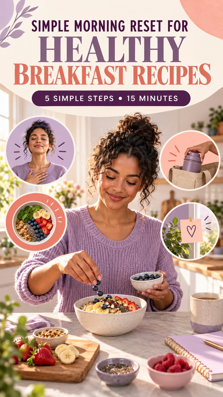 Morning routine infographic for Healthy Breakfast Recipes showing build a balanced plate plan and five practical steps.