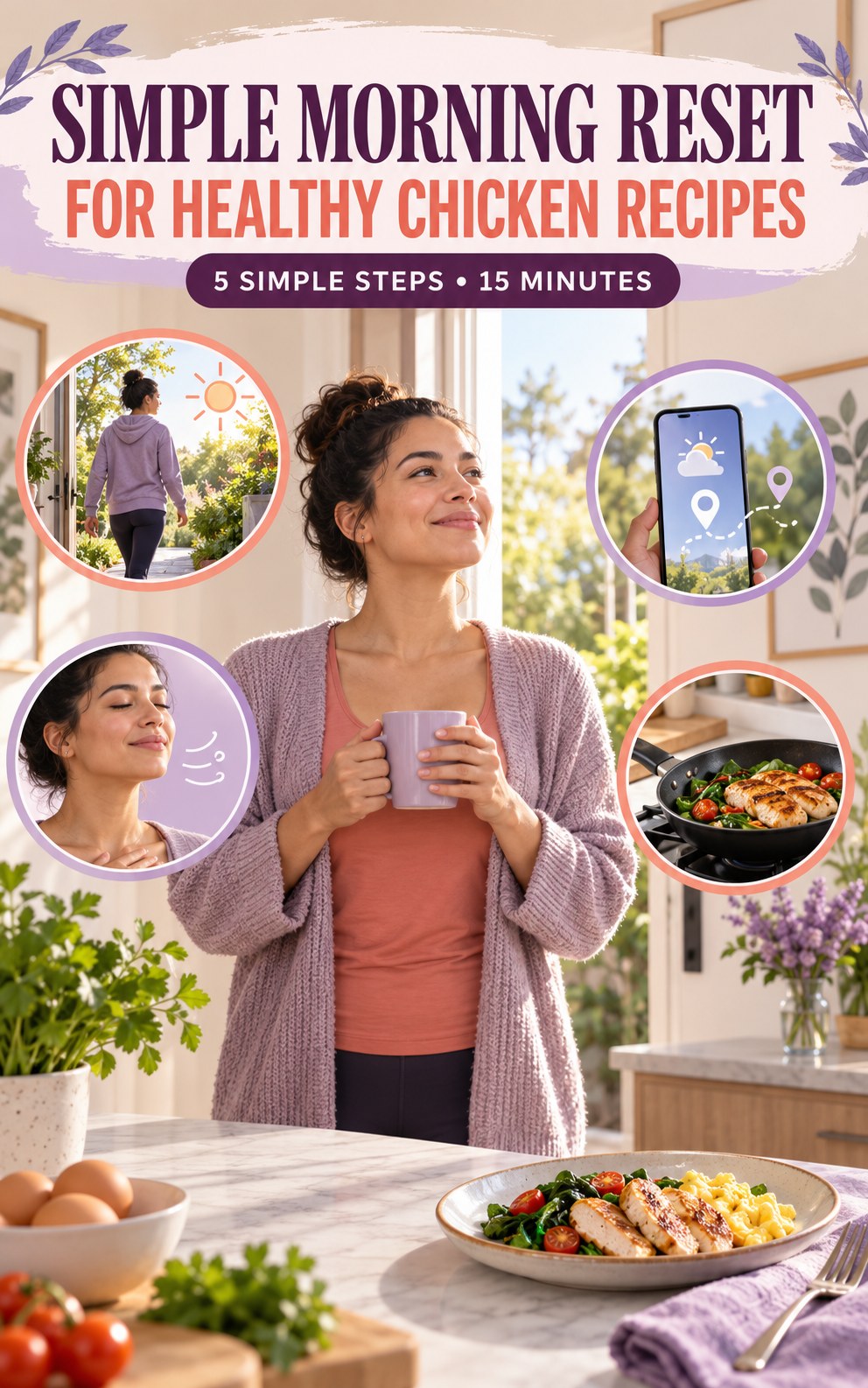 Morning routine infographic for Healthy Chicken Recipes showing step outside briefly and five practical steps.
