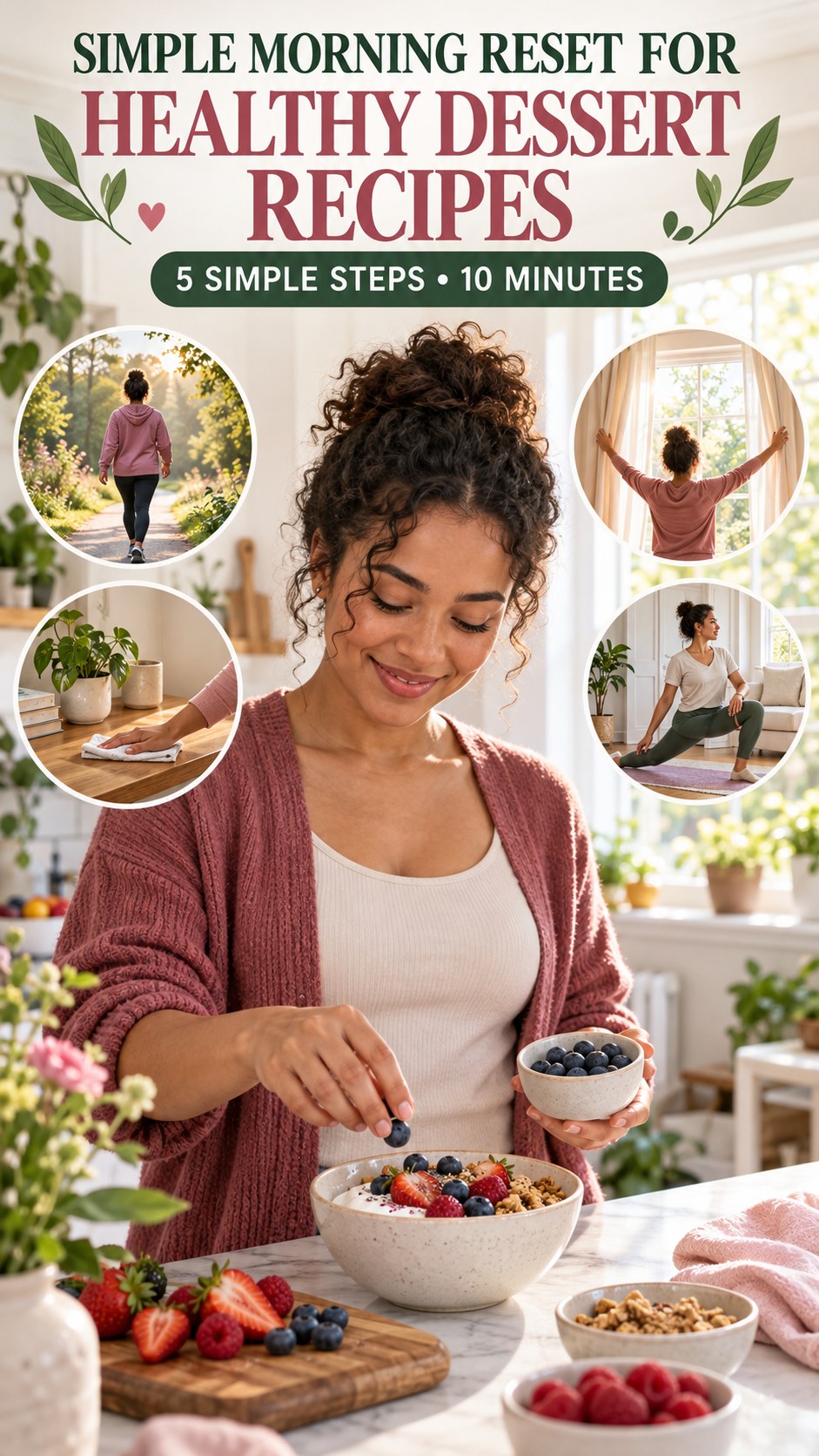 Morning routine infographic for Healthy Dessert Recipes showing prepare an easy breakfast option and five practical steps.