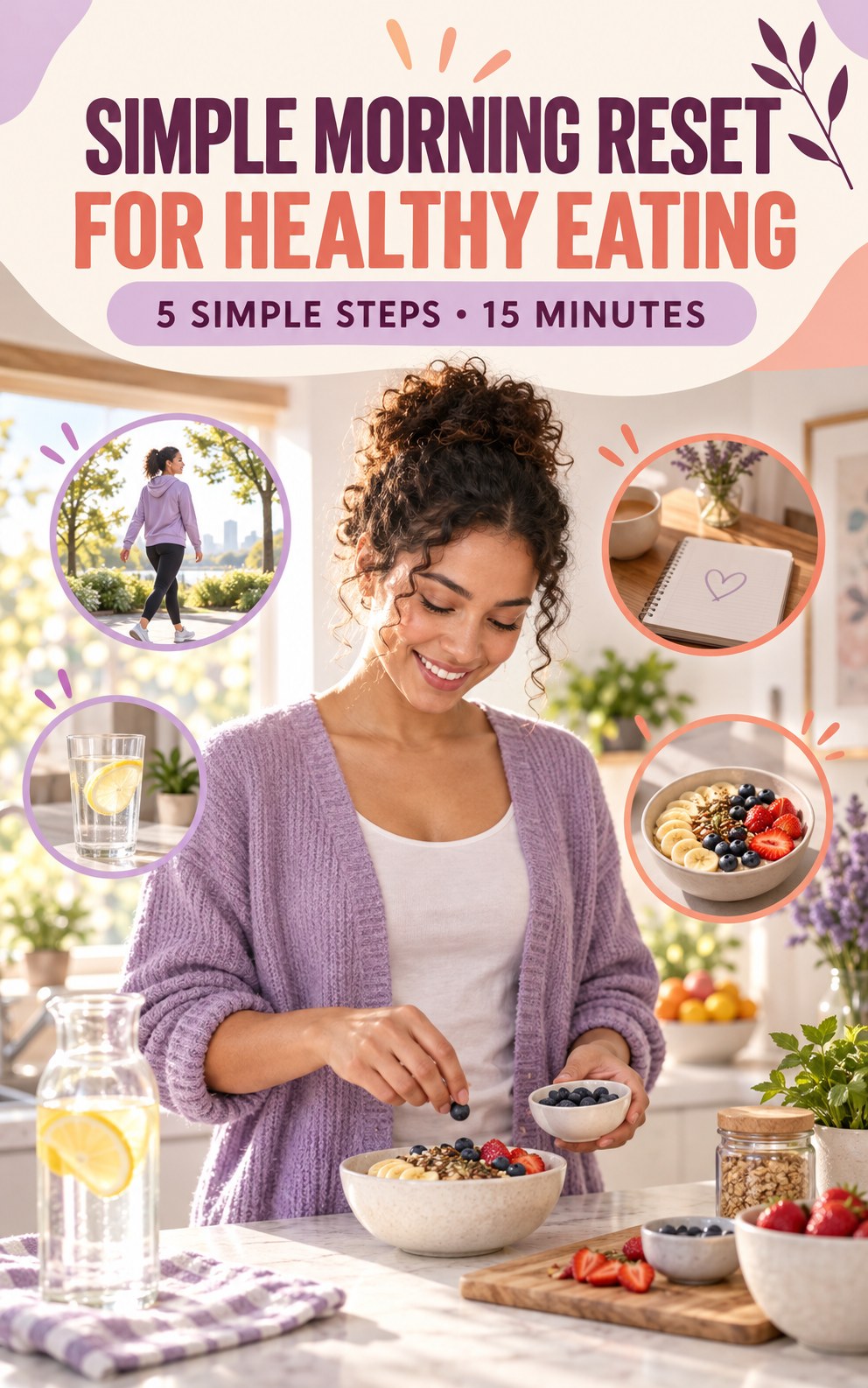 Morning routine infographic for Healthy Eating showing create a meal cue and five practical steps.