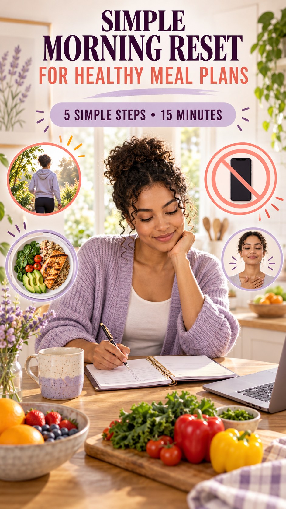 Morning routine infographic for Healthy Meal Plans showing review today’s plan and five practical steps.