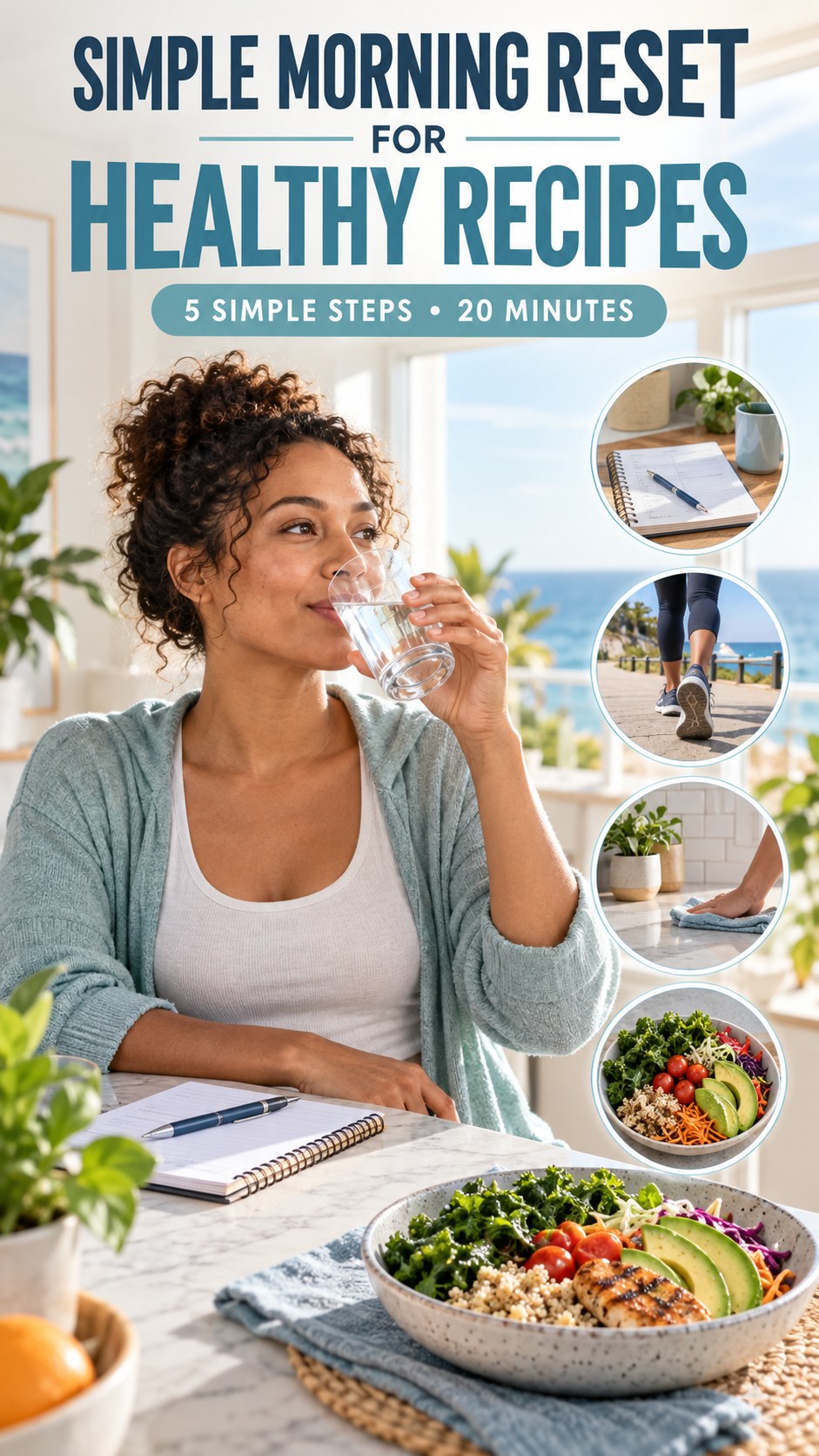 Morning routine infographic for Healthy Recipes showing drink water and five practical steps.