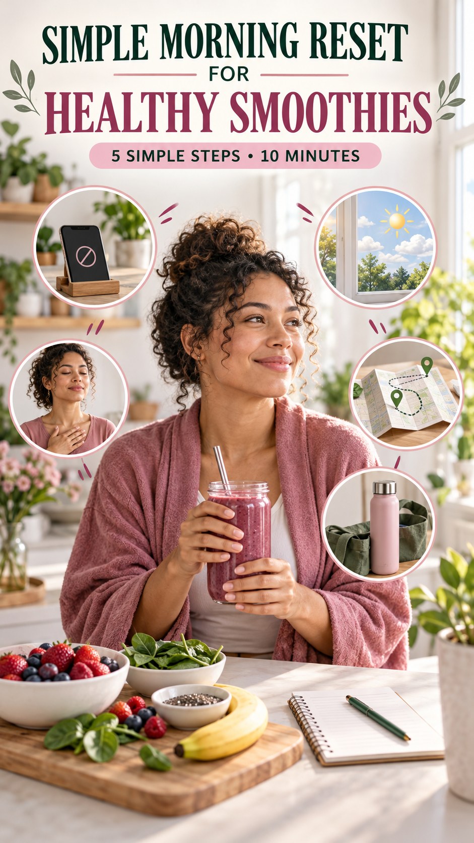 Morning routine infographic for Healthy Smoothies showing set a screen boundary and five practical steps.