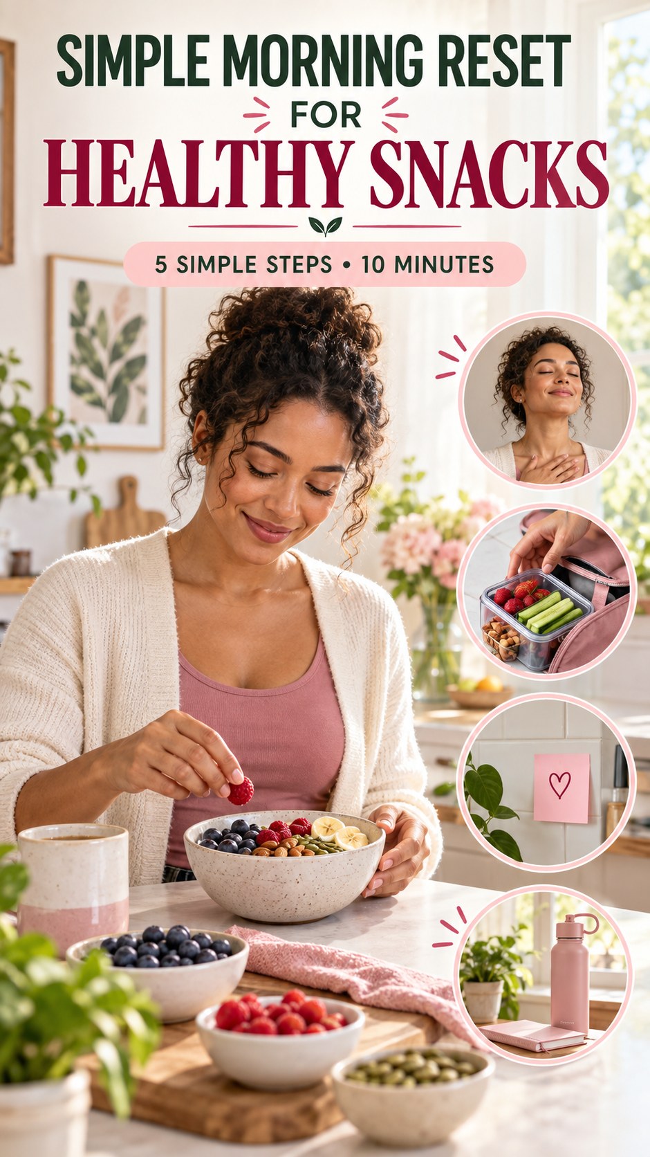 Morning routine infographic for Healthy Snacks showing build a balanced plate plan and five practical steps.
