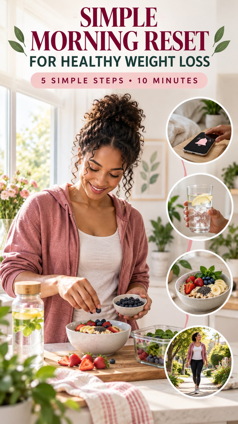 Morning routine infographic for Healthy Weight Loss showing create a meal cue and five practical steps.