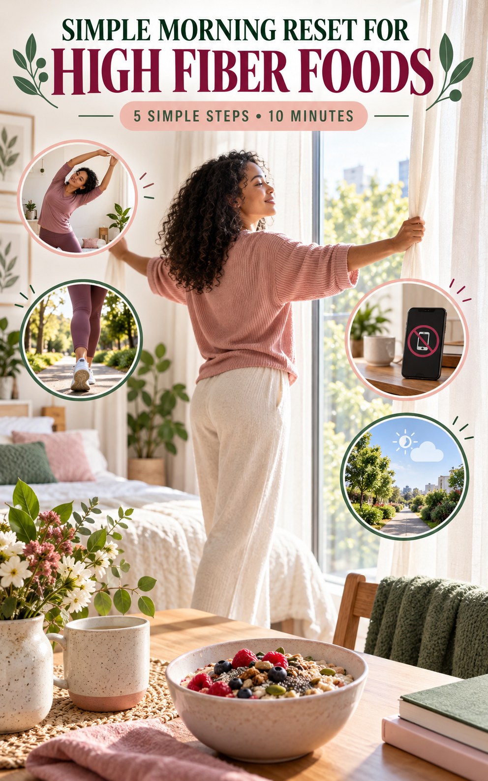Morning routine infographic for High Fiber Foods showing open the curtains and five practical steps.