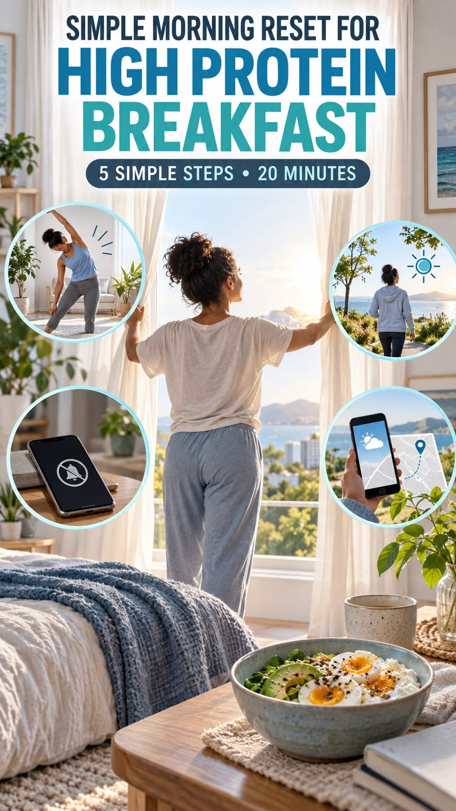 Morning routine infographic for High Protein Breakfast showing open the curtains and five practical steps.