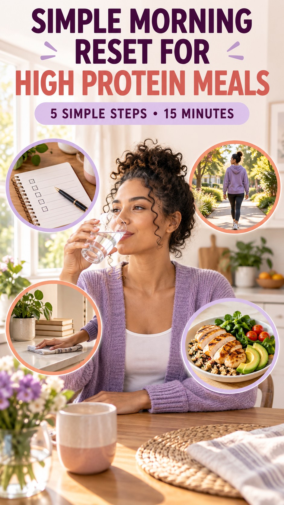 Morning routine infographic for High Protein Meals showing drink water and five practical steps.