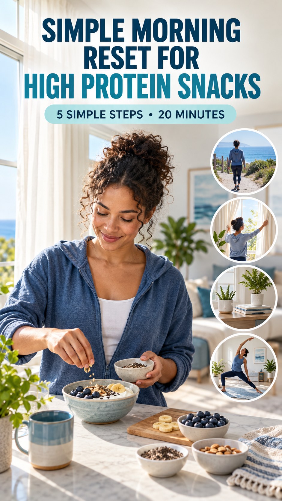 Morning routine infographic for High Protein Snacks showing prepare an easy breakfast option and five practical steps.