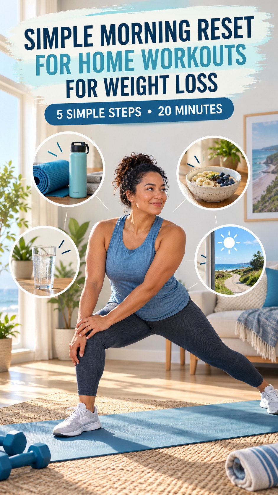 Morning routine infographic for Home Workouts for Weight Loss showing do a two-minute mobility check and five practical steps.
