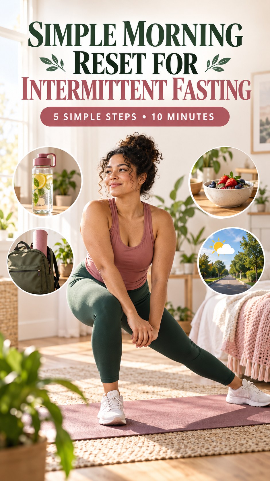 Morning routine infographic for Intermittent Fasting showing do a two-minute mobility check and five practical steps.