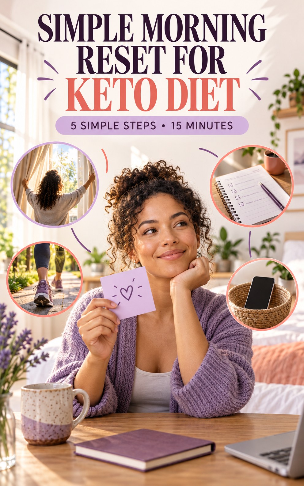 Morning routine infographic for Keto Diet showing choose a recovery reminder and five practical steps.
