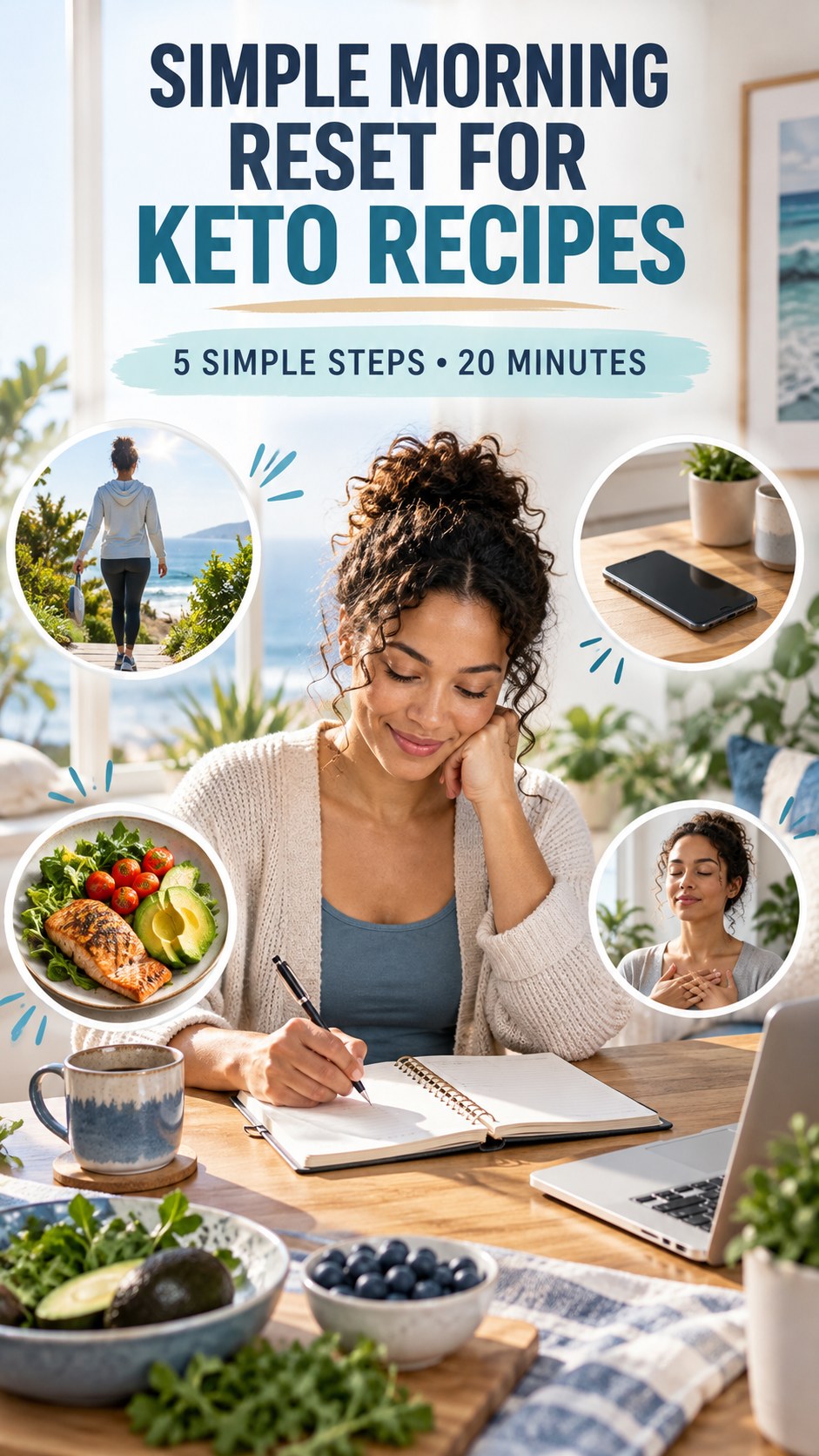 Morning routine infographic for Keto Recipes showing review today’s plan and five practical steps.