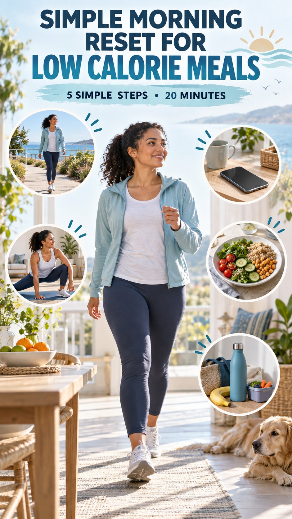 Morning routine infographic for Low Calorie Meals showing start with a short walk and five practical steps.