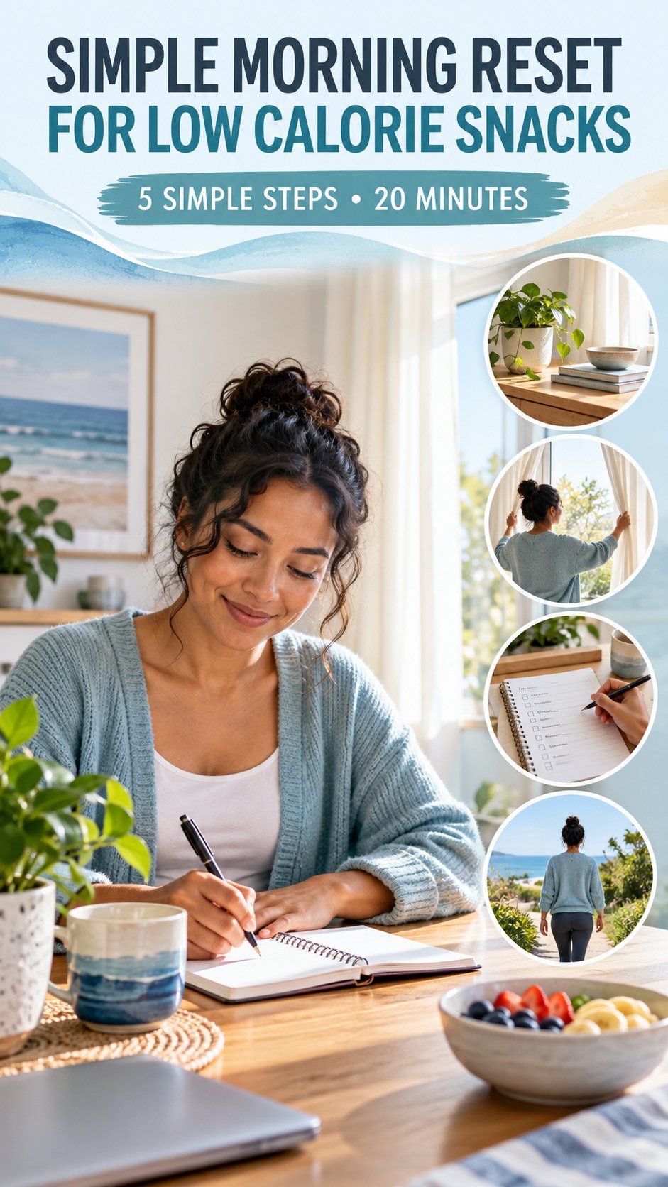 Morning routine infographic for Low Calorie Snacks showing write a simple check-in and five practical steps.