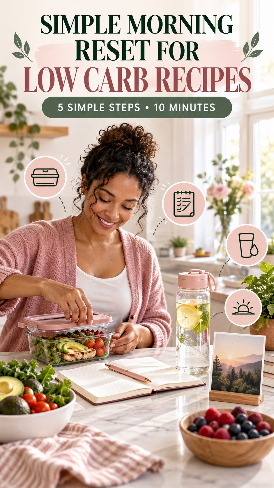 Morning routine infographic for Low Carb Recipes showing pack one helpful item and five practical steps.