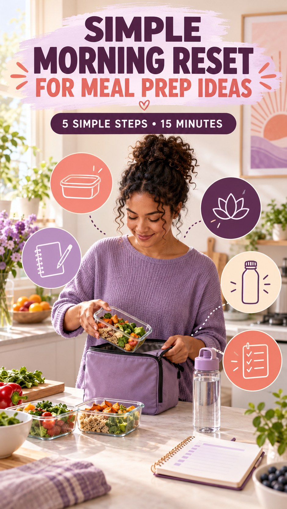 Morning routine infographic for Meal Prep Ideas showing pack one helpful item and five practical steps.