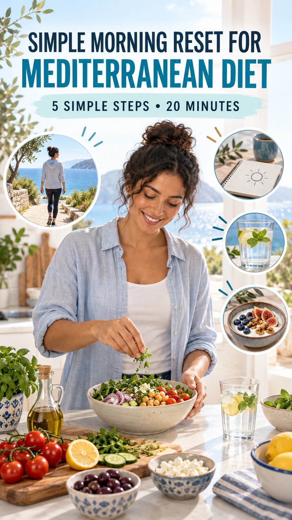 Morning routine infographic for Mediterranean Diet showing create a meal cue and five practical steps.