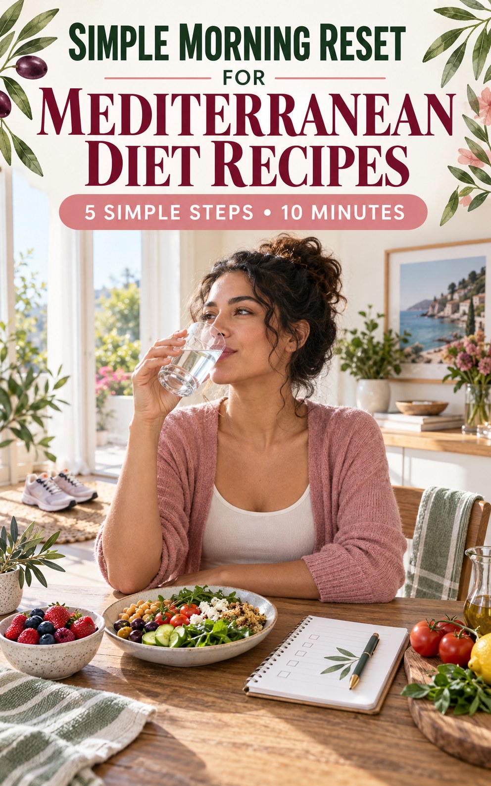 Morning routine infographic for Mediterranean Diet Recipes showing drink water and five practical steps.
