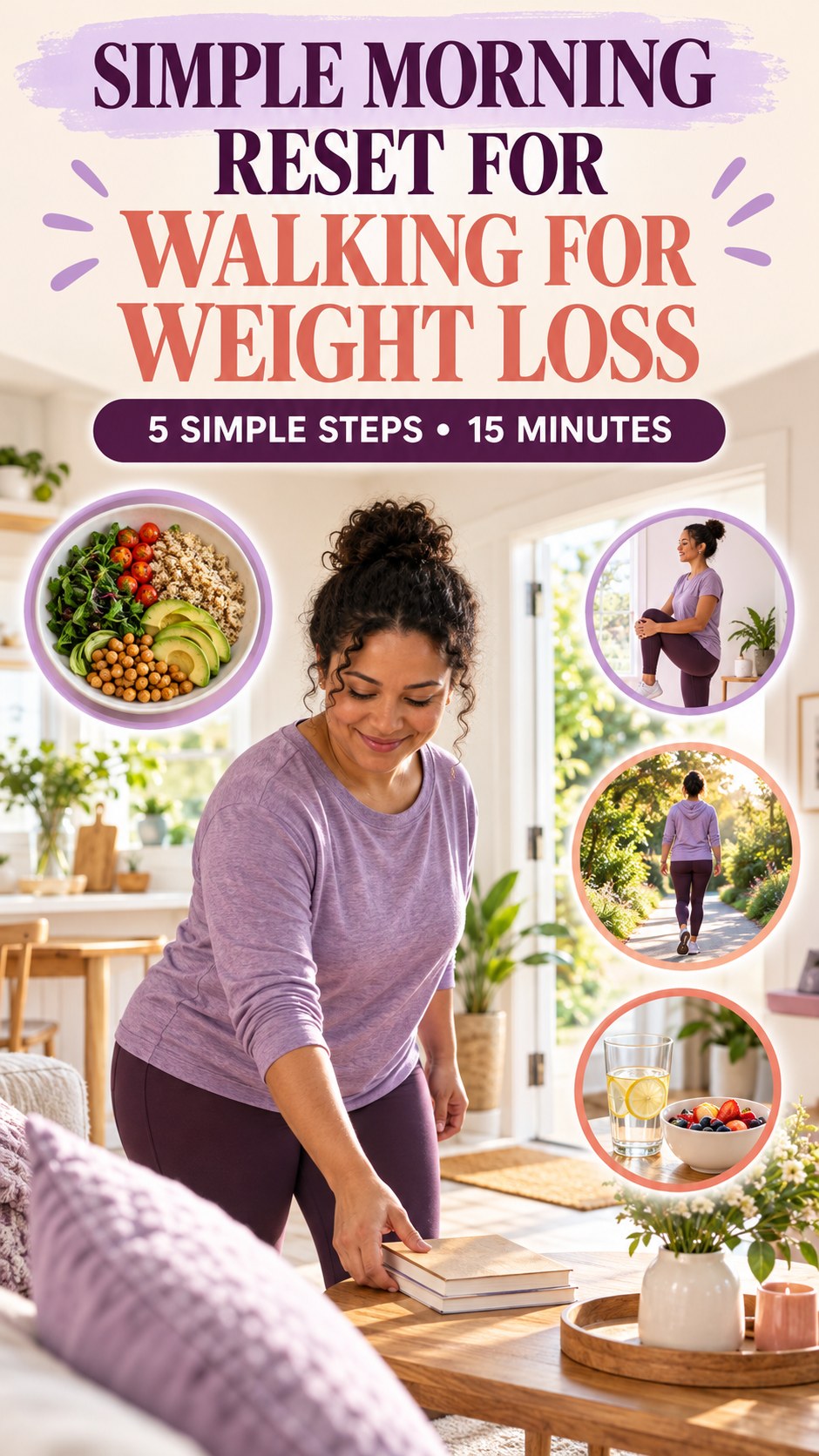 Morning routine infographic for Walking for Weight Loss showing tidy one small surface and five practical steps.