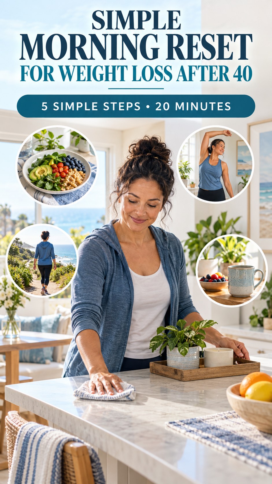 Morning routine infographic for Weight Loss After 40 showing tidy one small surface and five practical steps.