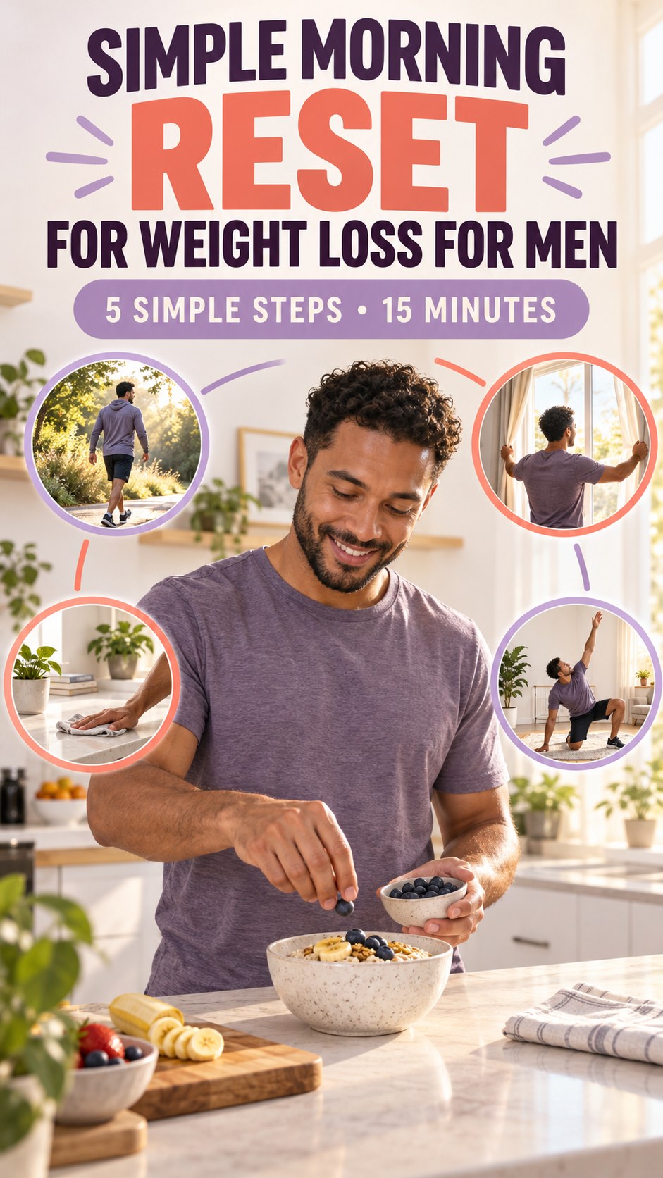 Morning routine infographic for Weight Loss for Men showing prepare an easy breakfast option and five practical steps.