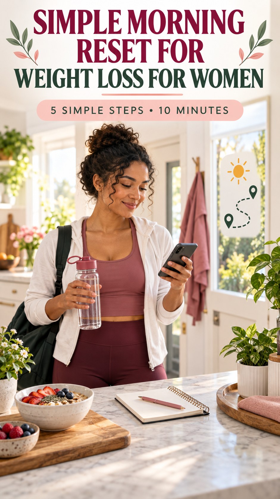 Morning routine infographic for Weight Loss for Women showing check the weather and route and five practical steps.