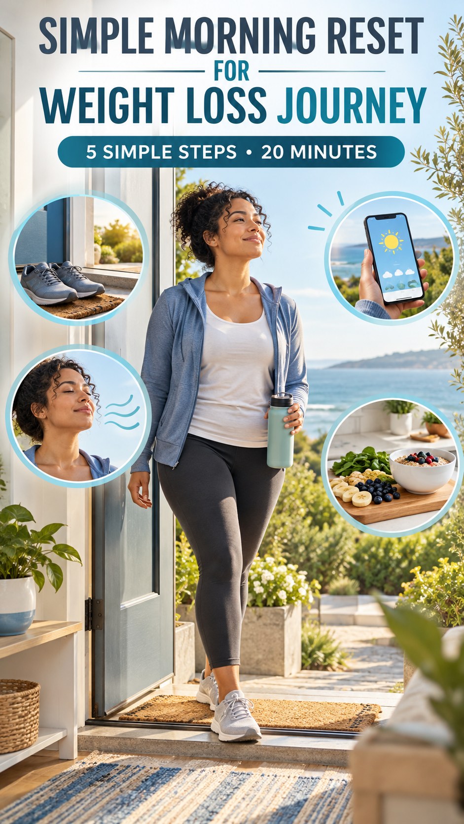 Morning routine infographic for Weight Loss Journey showing step outside briefly and five practical steps.